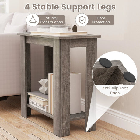2-Tier End Table with Storage Shelf for Small Spaces-Grey
