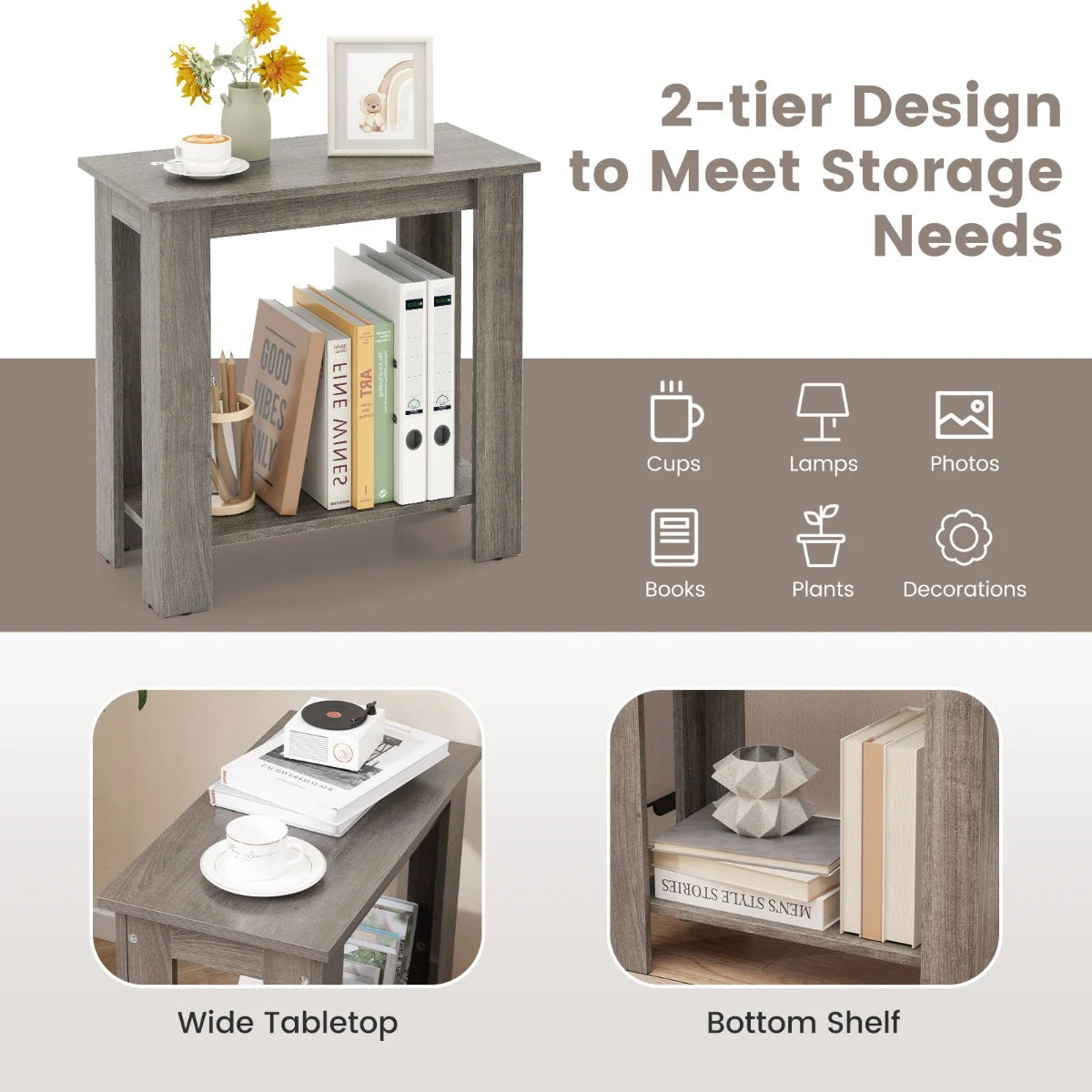 2-Tier End Table with Storage Shelf for Small Spaces-Grey