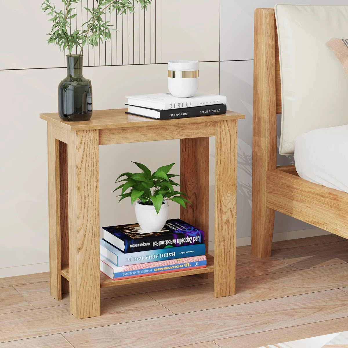 2-Tier End Table with Storage Shelf for Small Spaces-Natural