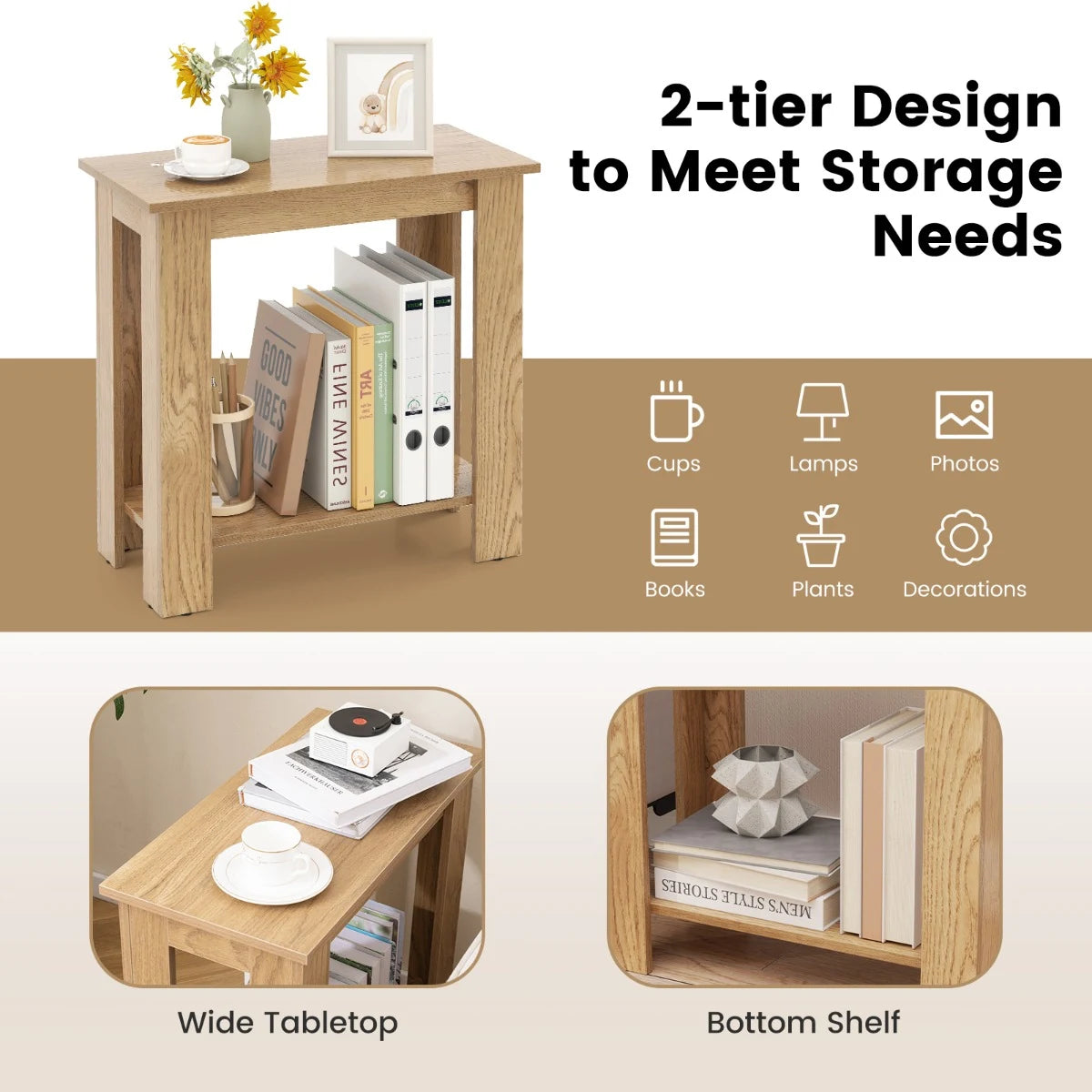 2-Tier End Table with Storage Shelf for Small Spaces-Natural