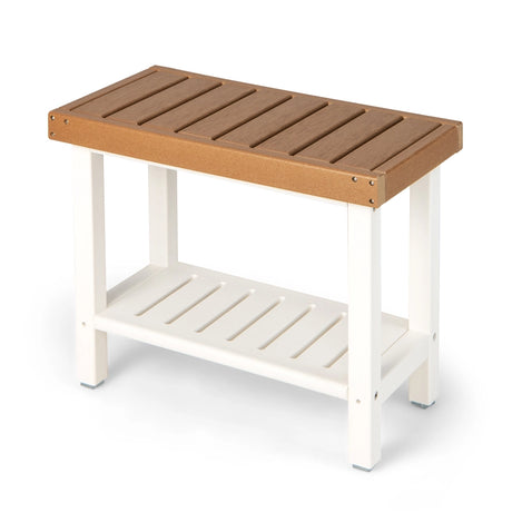 2-Tier HDPE Shower Chair with Storage Shelf and Anti-slip Foot Pads for Bath Spa-Brown