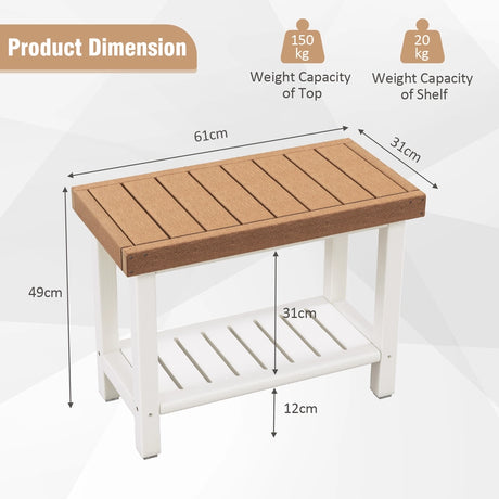 2-Tier HDPE Shower Chair with Storage Shelf and Anti-slip Foot Pads for Bath Spa-Brown
