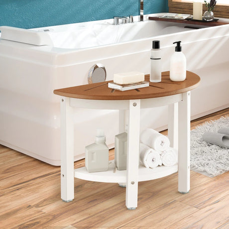 Waterproof HDPE Shower Bench with Semicircular Seat and Storage Shelf-Brown