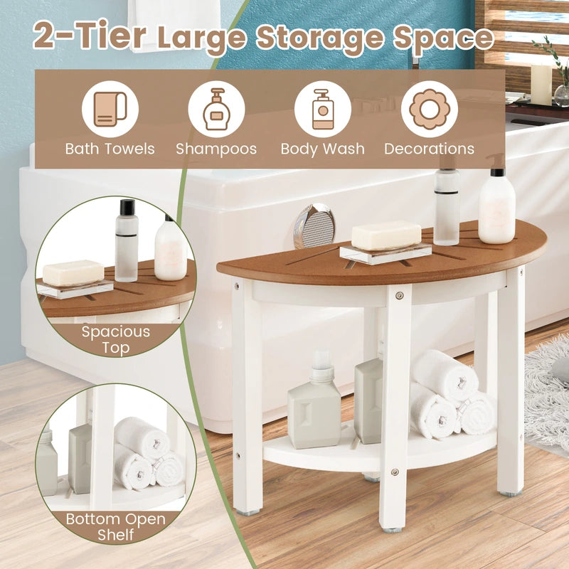 Waterproof HDPE Shower Bench with Semicircular Seat and Storage Shelf-Brown