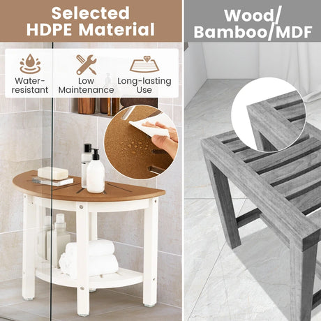 Waterproof HDPE Shower Bench with Semicircular Seat and Storage Shelf-Brown