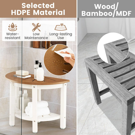Waterproof HDPE Shower Bench with Semicircular Seat and Storage Shelf-Brown