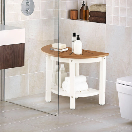 Waterproof HDPE Shower Bench with Semicircular Seat and Storage Shelf-Brown