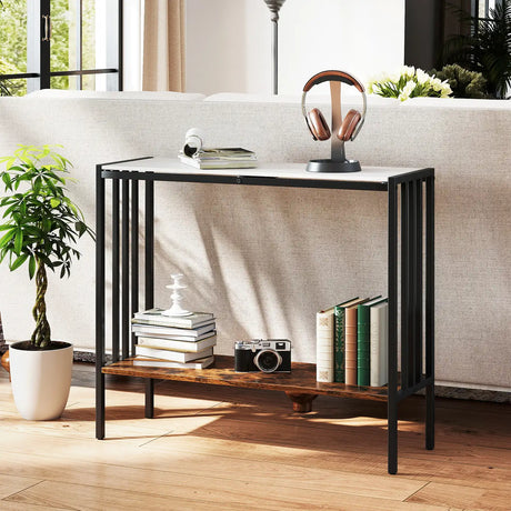 90 CM 2-Tier Industrial Console Foyer Table with Sintered Stone Tabletop