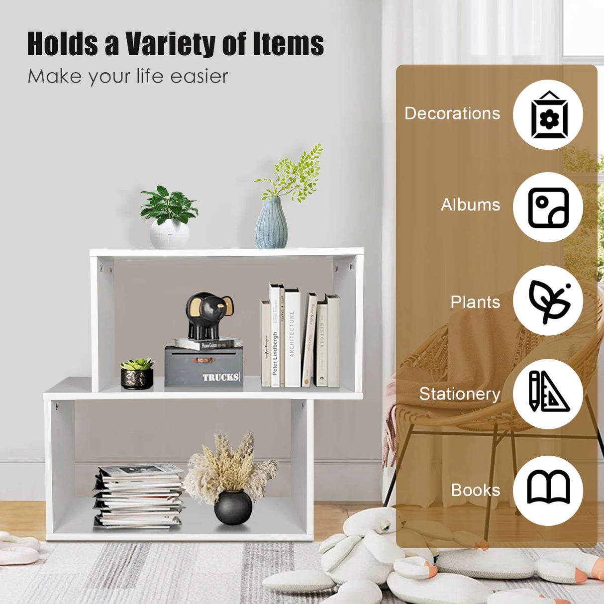 2-tier Irregular Wood Bookshelf for Home and Office-White