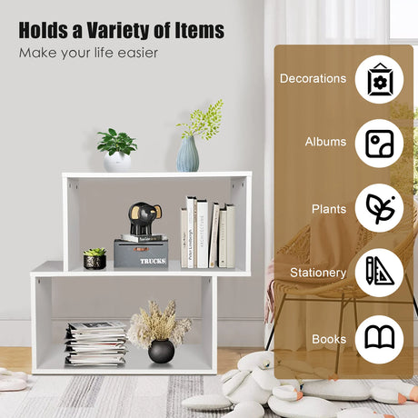 2-tier Irregular Wood Bookshelf for Home and Office-White