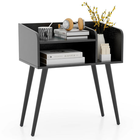 Mid Century Modern Nightstand  with Open Shelves-Black