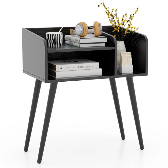 Mid Century Modern Nightstand  with Open Shelves-Black