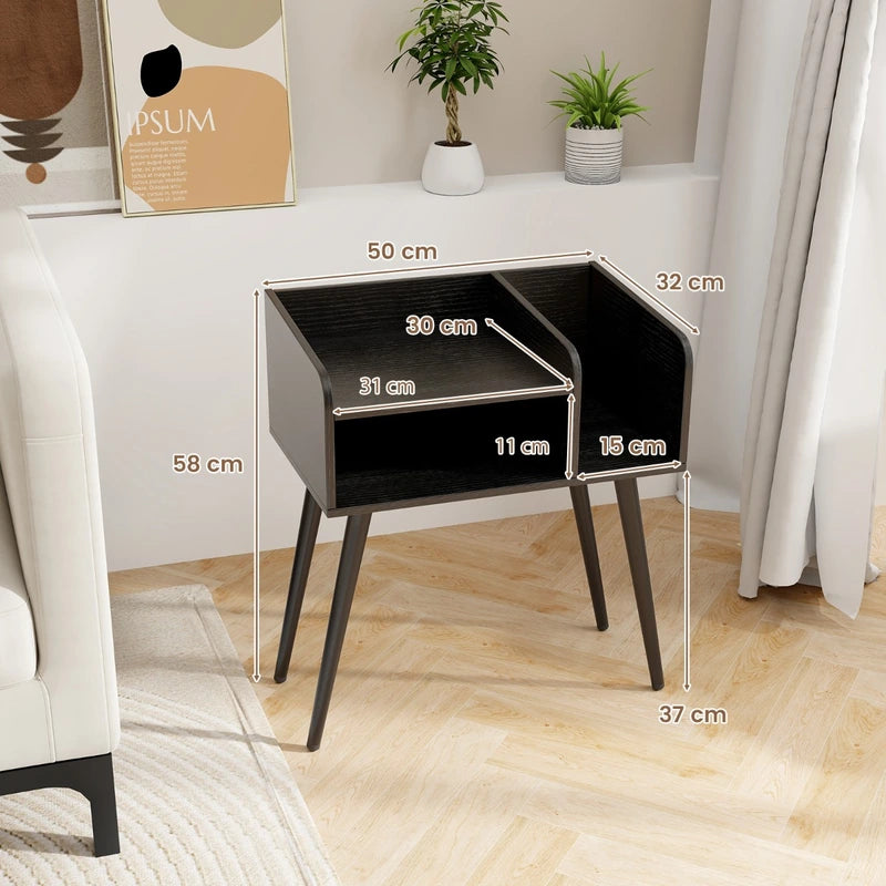 Mid Century Modern Nightstand  with Open Shelves-Black