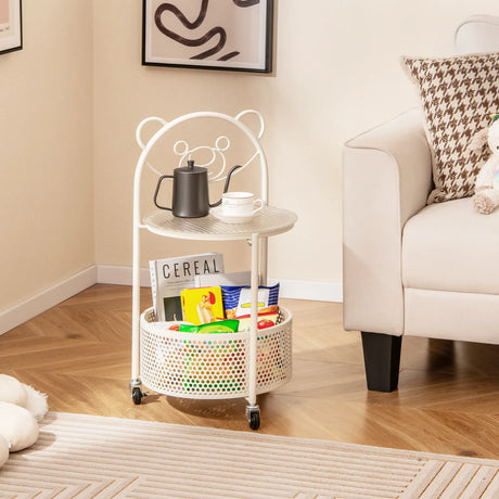2-Tier Mobile Glass Coffee Table with Bear Pattern-White