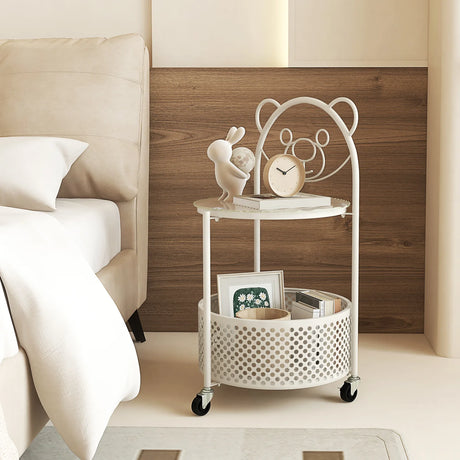 2-Tier Mobile Glass Coffee Table with Bear Pattern-White