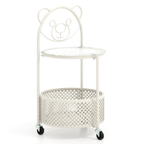 2-Tier Mobile Glass Coffee Table with Bear Pattern-White