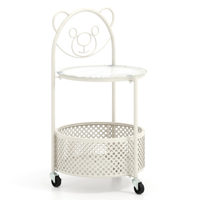 2-Tier Mobile Glass Coffee Table with Bear Pattern-White