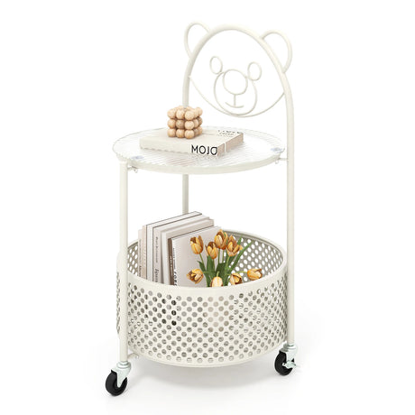 2-Tier Mobile Glass Coffee Table with Bear Pattern-White