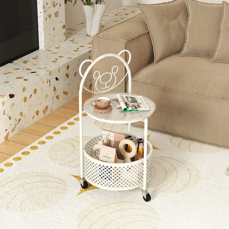 2-Tier Mobile Glass Coffee Table with Bear Pattern-White