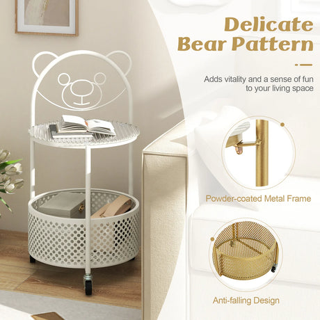 2-Tier Mobile Glass Coffee Table with Bear Pattern-White