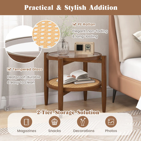 Rattan Round Side End Table with Tempered Glass Tabletop