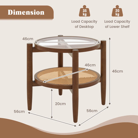 Rattan Round Side End Table with Tempered Glass Tabletop