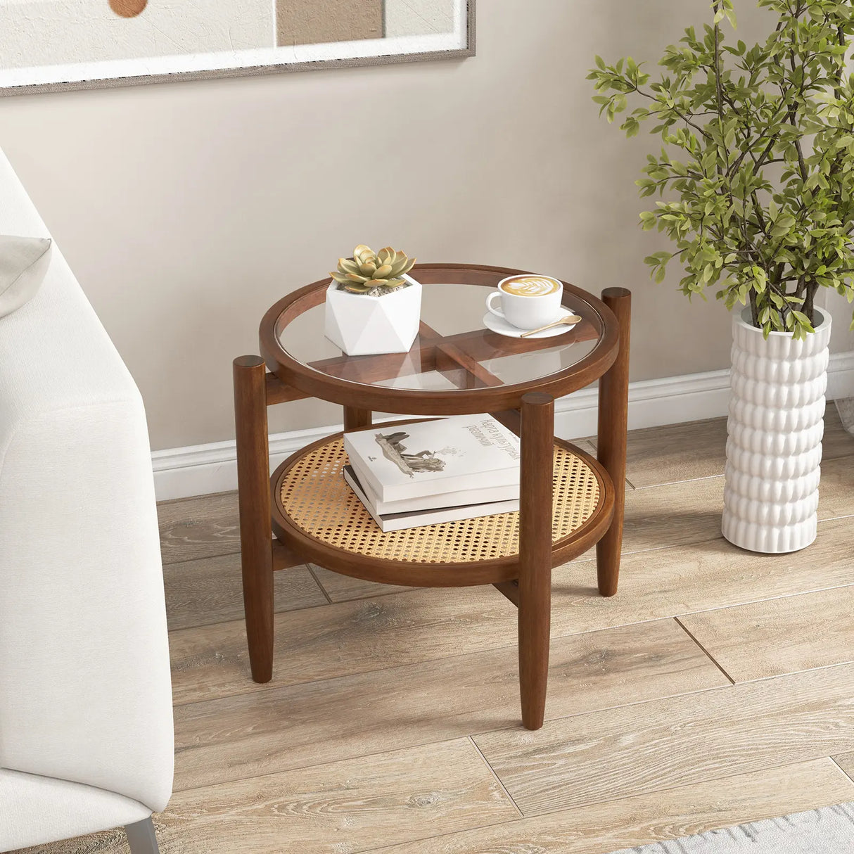 Rattan Round Side End Table with Tempered Glass Tabletop