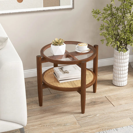 Rattan Round Side End Table with Tempered Glass Tabletop