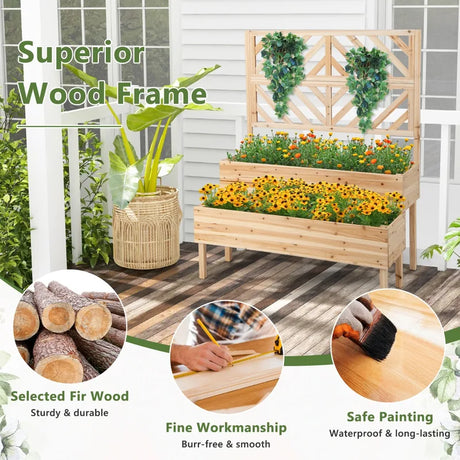 2-Tier Raised Garden Bed with Trellis and Drainage Hole-Natural