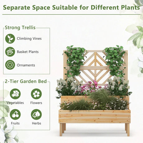 2-Tier Raised Garden Bed with Trellis and Drainage Hole-Natural