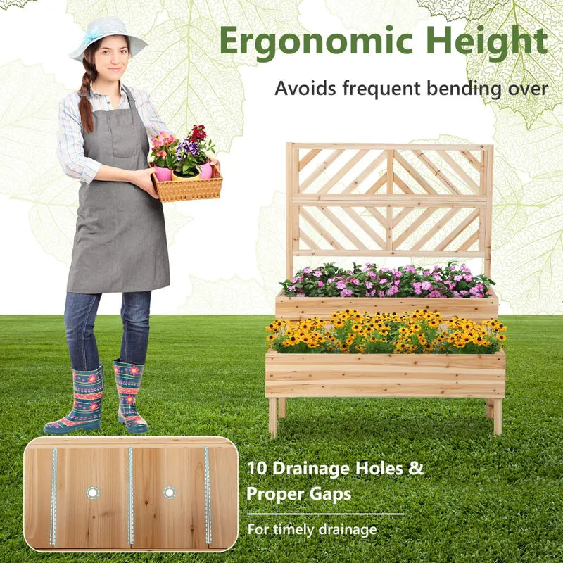 2-Tier Raised Garden Bed with Trellis and Drainage Hole-Natural