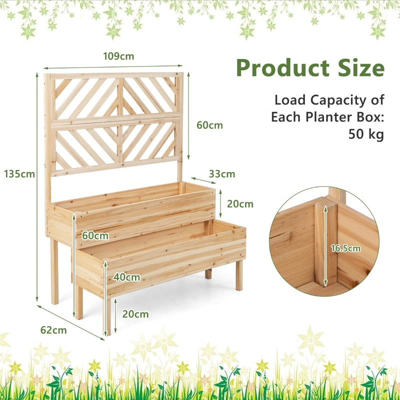 2-Tier Raised Garden Bed with Trellis and Drainage Hole-Natural