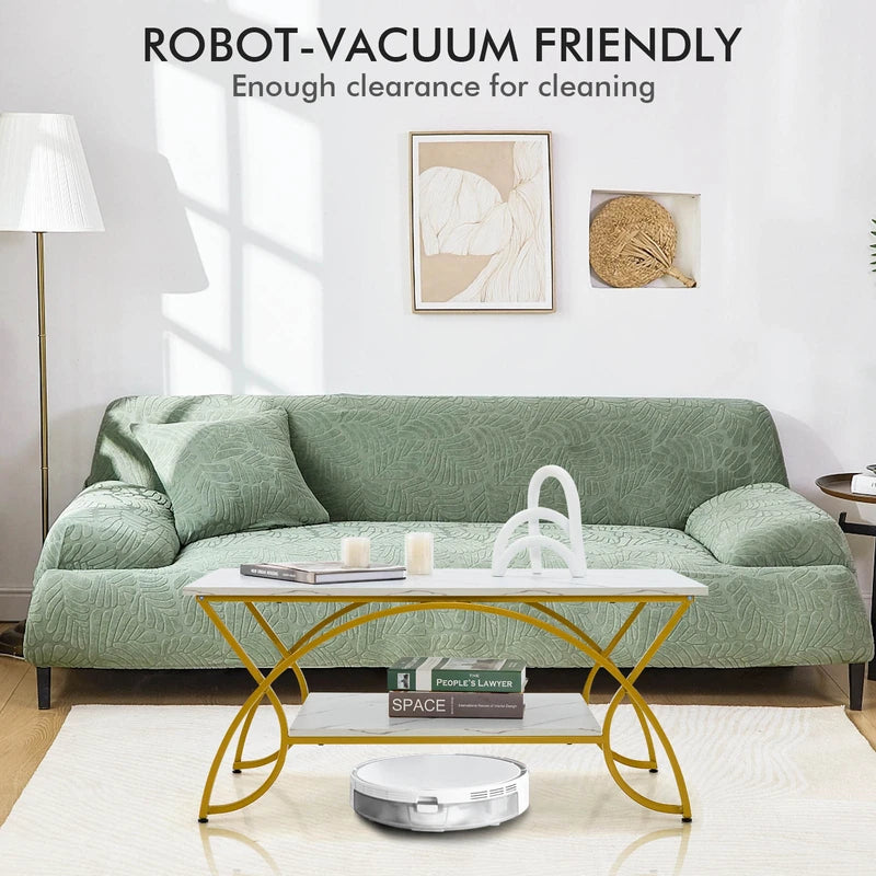 2-Tier Faux Marble Coffee Table with Golden Metal Frame-White