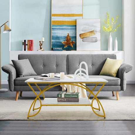 2-Tier Faux Marble Coffee Table with Golden Metal Frame-White