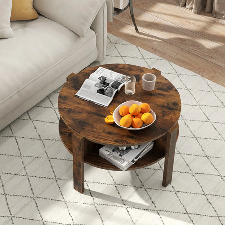 2-Tier Round Coffee Table with 4 Shelves-Rustic Brown