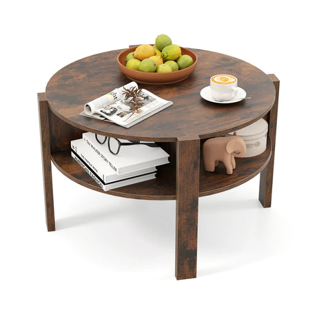 2-Tier Round Coffee Table with 4 Shelves-Rustic Brown