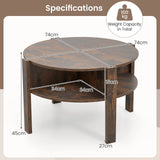 2-Tier Round Coffee Table with 4 Shelves-Rustic Brown