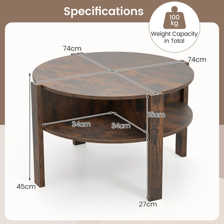 2-Tier Round Coffee Table with 4 Shelves-Rustic Brown