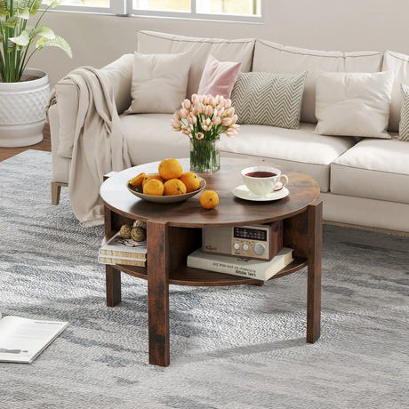 2-Tier Round Coffee Table with 4 Shelves-Rustic Brown