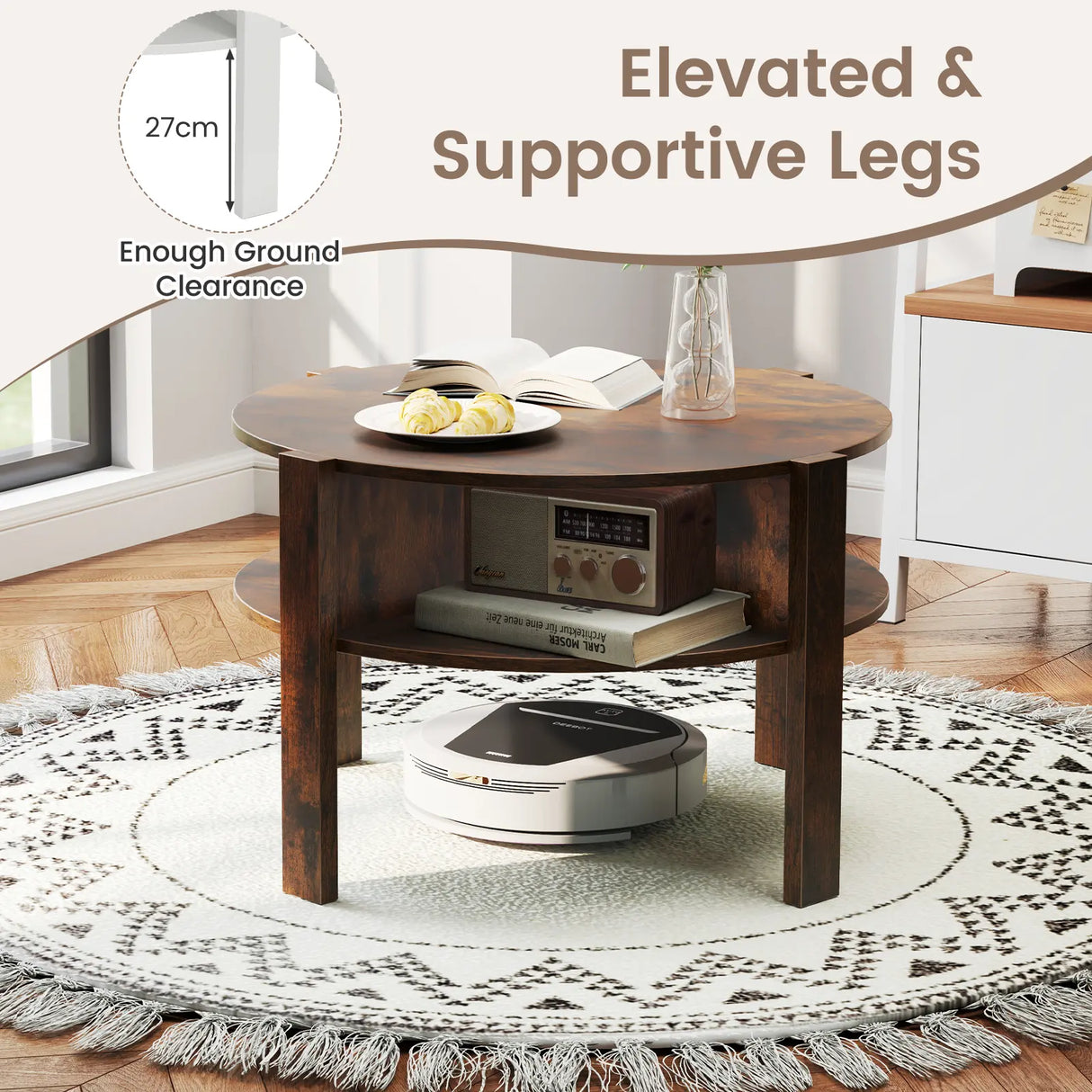 2-Tier Round Coffee Table with 4 Shelves-Rustic Brown