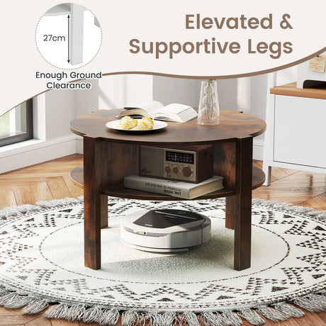 2-Tier Round Coffee Table with 4 Shelves-Rustic Brown