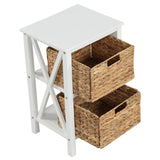 Set of 2 3-tier bedside tables with 2 seagrass baskets &amp; X-Design narrow side table white