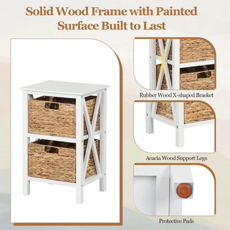 Set of 2 3-tier bedside tables with 2 seagrass baskets &amp; X-Design narrow side table white