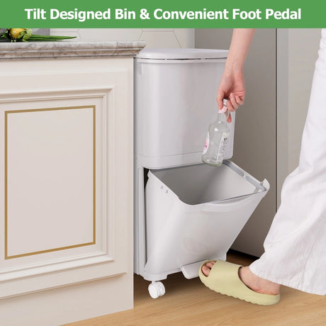 2-tier trash can with lid &amp; lockable wheels plastic waste bin kitchen trash can