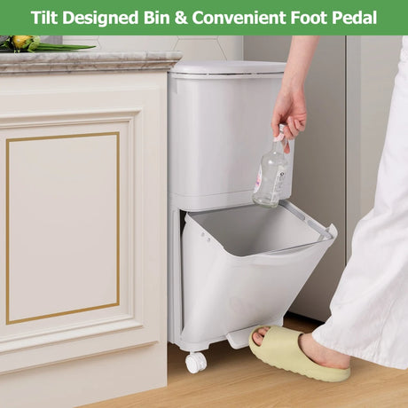 2-tier trash can with lid &amp; lockable wheels plastic waste bin kitchen trash can
