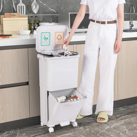 2-tier trash can with lid &amp; lockable wheels plastic waste bin kitchen trash can