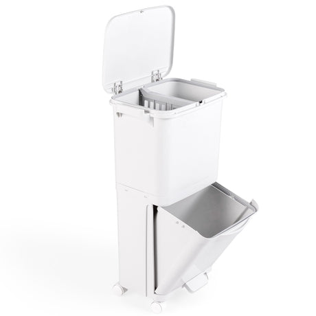 2-tier trash can with lid &amp; lockable wheels plastic waste bin kitchen trash can