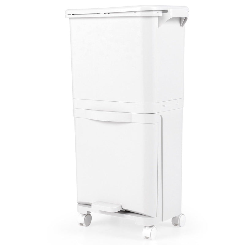 2-tier trash can with lid &amp; lockable wheels plastic waste bin kitchen trash can