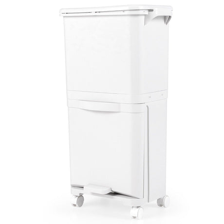 2-tier trash can with lid &amp; lockable wheels plastic waste bin kitchen trash can