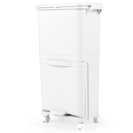 2-tier trash can with lid &amp; lockable wheels plastic waste bin kitchen trash can